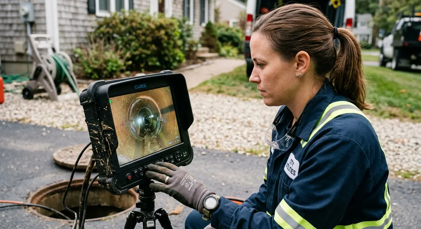 Technician reviewing sewer camera inspection footage in Gridley