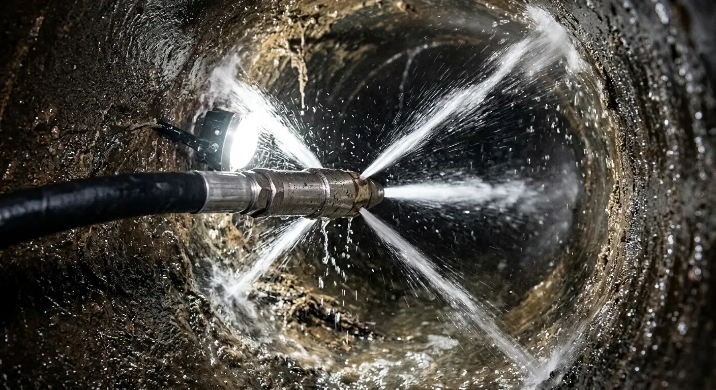 High-pressure hydro jetting nozzle cleaning sewer pipe for Sewer Cleanout in Gridley