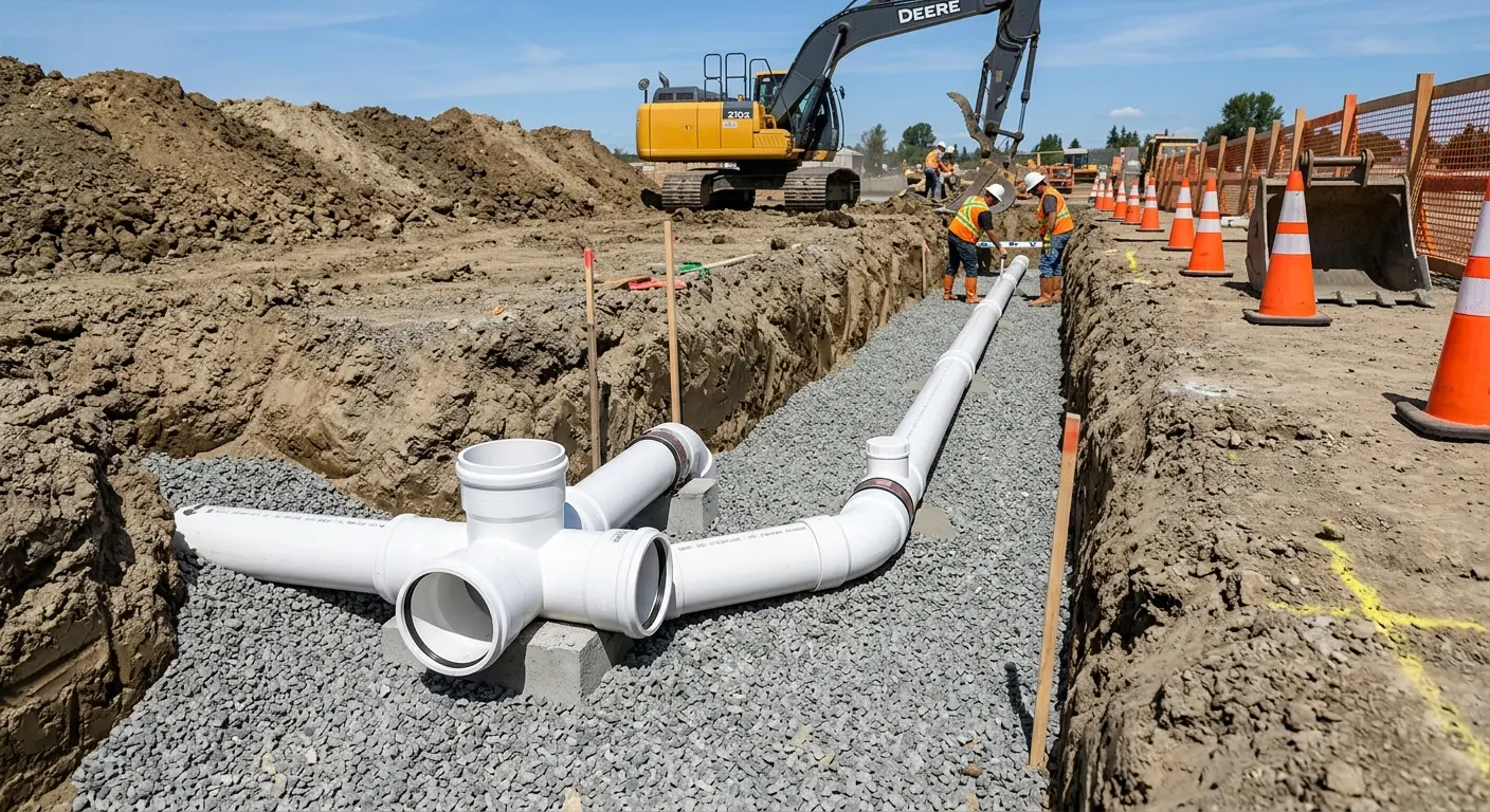 New PVC sewer pipe installation in open trench for Sewer Backup in Gridley
