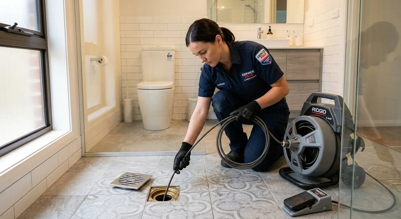 Technician clearing a bathroom floor drain for Drain Cleaning in Gridley